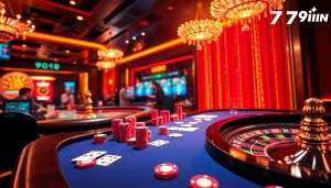 Players enjoying an exhilarating moment at 79win casino with vibrant chips and a spinning roulette wheel.