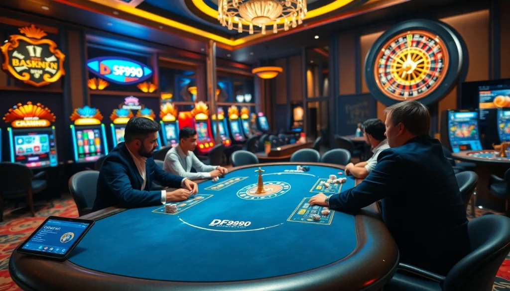 Experience DF999 đăng nhập at an exciting poker table surrounded by vibrant casino elements.