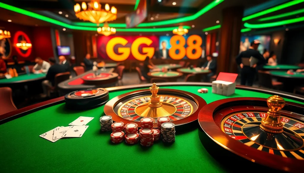 Experience the thrill of GG88 with vibrant casino tables, cards, and poker chips.