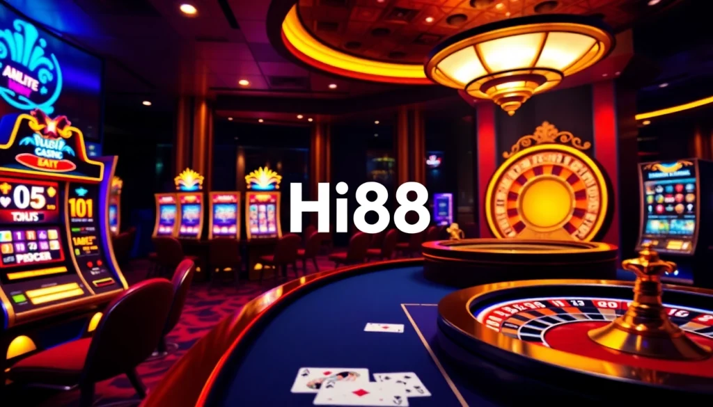 Experience thrilling casino action at Hi88 with exciting slot machines and a glamorous roulette wheel.