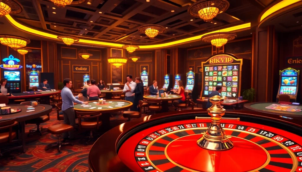 RIKVIP casino scene with players enjoying games at poker and roulette tables, showcasing excitement.