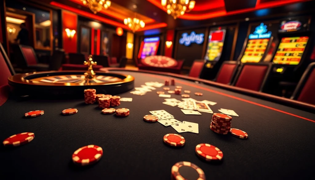 Experience exciting casino gameplay at https://99wincasino.com/ with vibrant poker chips and illuminated roulette.