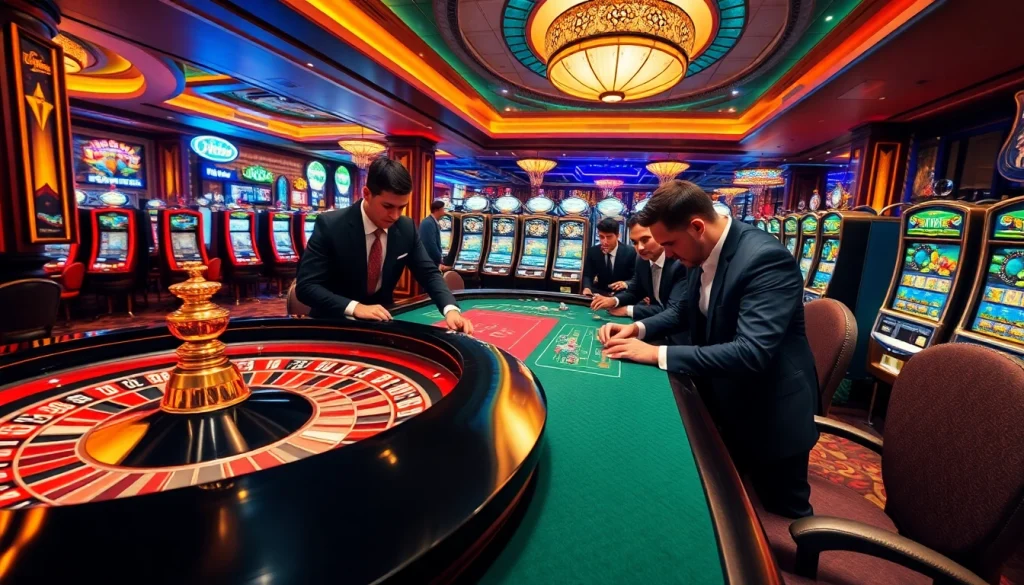 Experience the thrill of lc88 in a luxurious casino filled with roulette tables and slot machines.