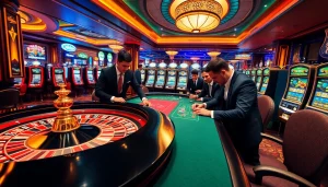 Experience the thrill of lc88 in a luxurious casino filled with roulette tables and slot machines.