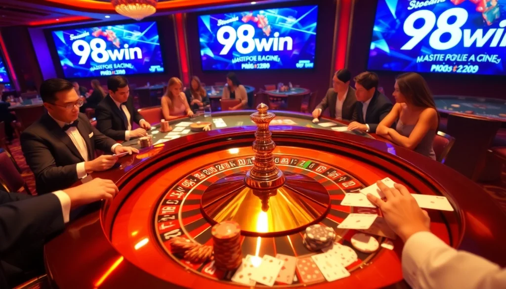 Experience thrilling action at the luxurious 98win online casino with roulette, poker chips, and players in excitement.