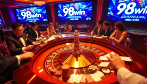 Experience thrilling action at the luxurious 98win online casino with roulette, poker chips, and players in excitement.