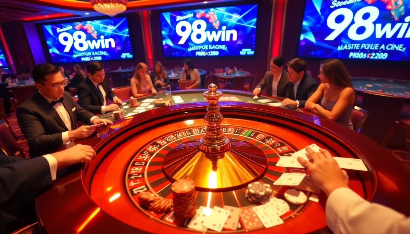 Experience thrilling action at the luxurious 98win online casino with roulette, poker chips, and players in excitement.