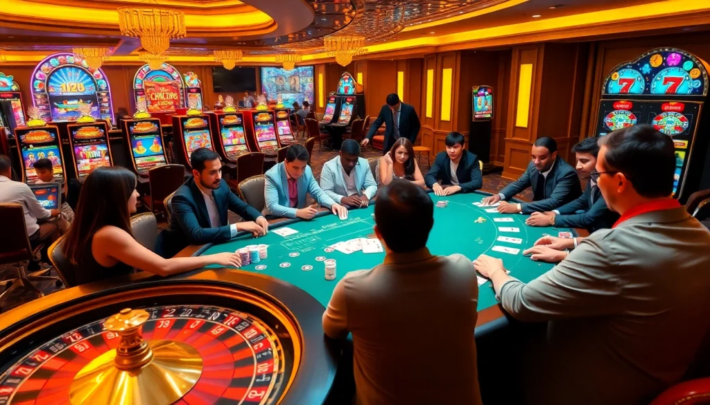 Experience the thrill of 5z777 with players engaged at an elegant poker table in a vibrant casino scene.