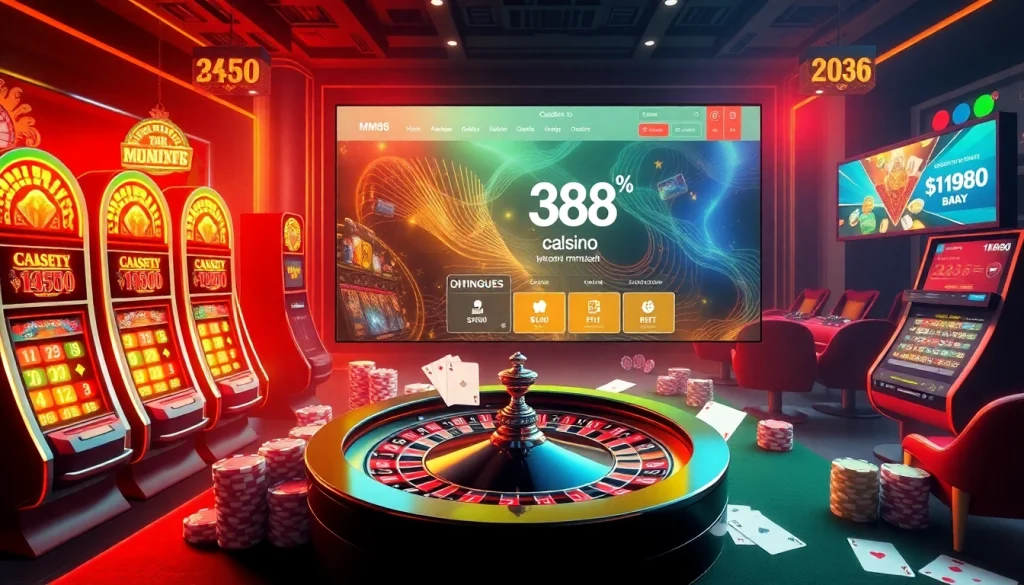 Engage with online betting excitement at https://mm88.sh/ featuring vibrant casino elements like slot machines and poker tables.