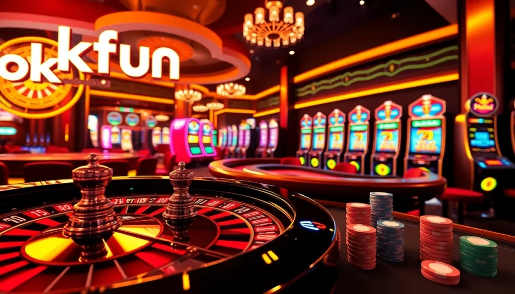 Engage with slot machines and poker chips at okfun, showcasing the excitement of casino gaming.