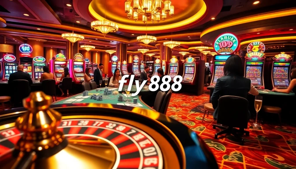 Experience top thrills at fly88 with vibrant casino gaming scenes featuring poker, slots, and roulette.