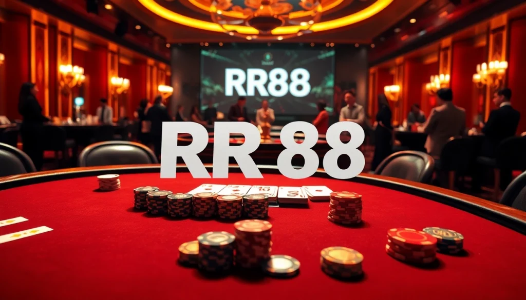 RR88 poker table loaded with vibrant chips and cards, highlighting the excitement of high-stakes gaming.