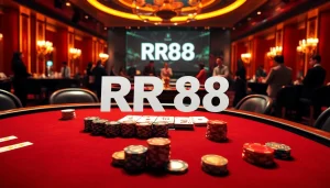 RR88 poker table loaded with vibrant chips and cards, highlighting the excitement of high-stakes gaming.