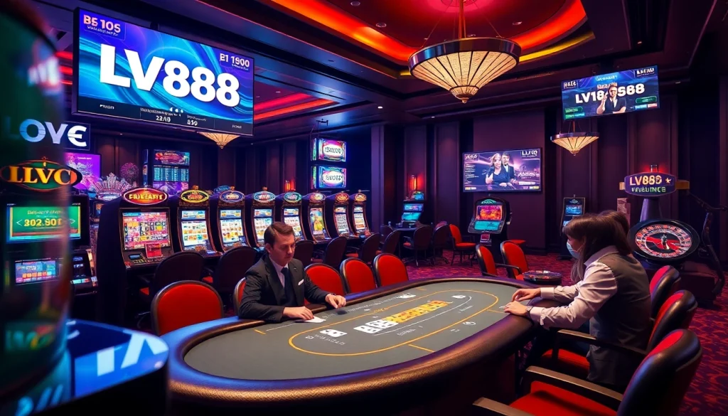 Players enjoying a high-stakes game at LV88's online casino interface, showcasing excitement and luxury.