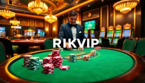 Experience the excitement of RIKVIP gaming with vibrant poker tables, chips, and roulette wheels.