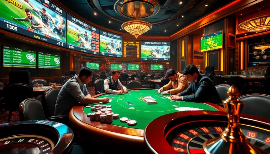 Betting on Kèo Bóng Đá at a vibrant casino table with expert players and dynamic screens.