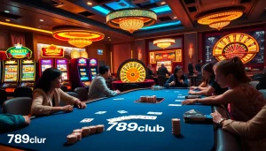 Engaged players at the 789club poker table with vibrant casino ambiance and exciting gameplay.