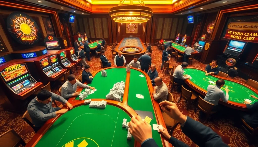 Engaged players at https://s8mode.com/ in a luxury casino setting, surrounded by card games and slot machines.