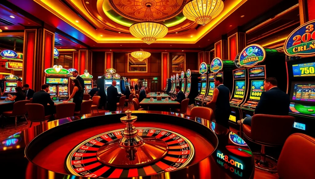 Gambling excitement unfolds at mk8.com with players enjoying roulette, poker, and vibrant slot machines.