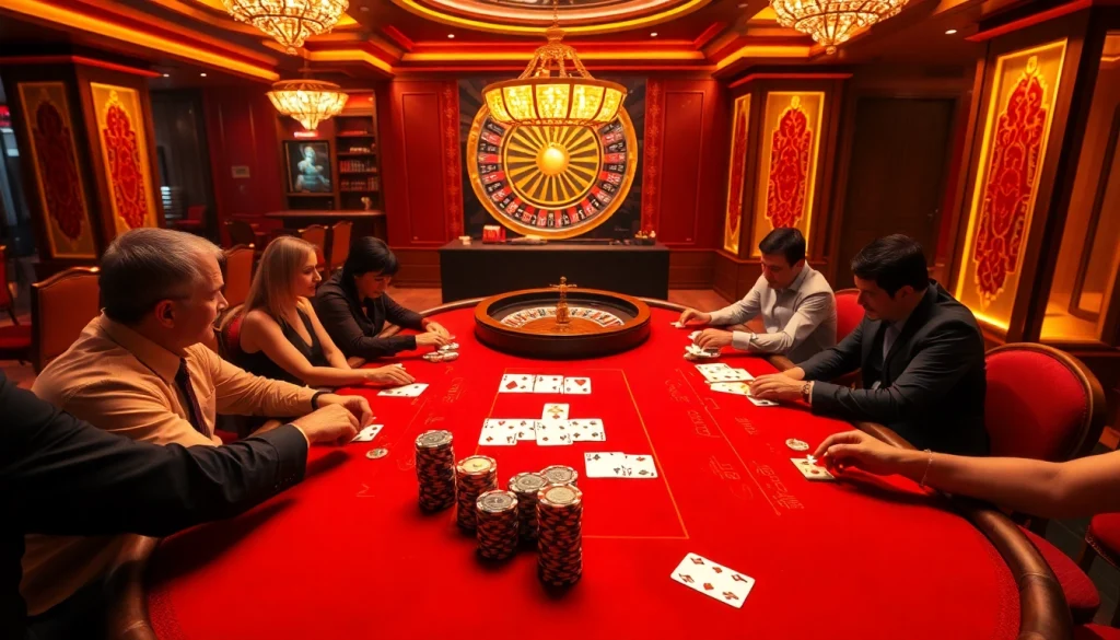 Engaged players at LUCK8 poker table enhance excitement of casino experience.