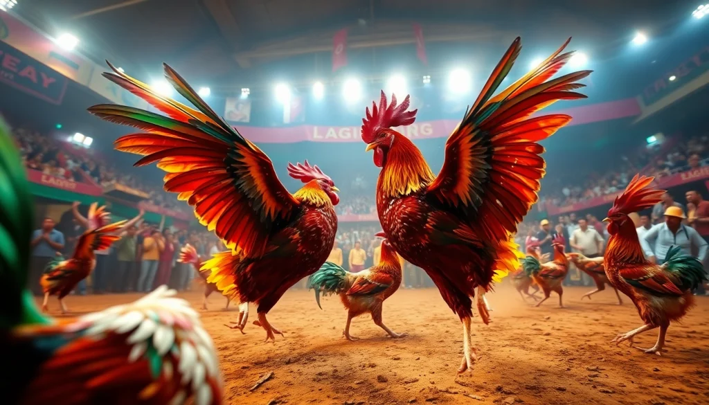 Dramatic live cockfighting match at dagawin.live showcasing action and excitement.