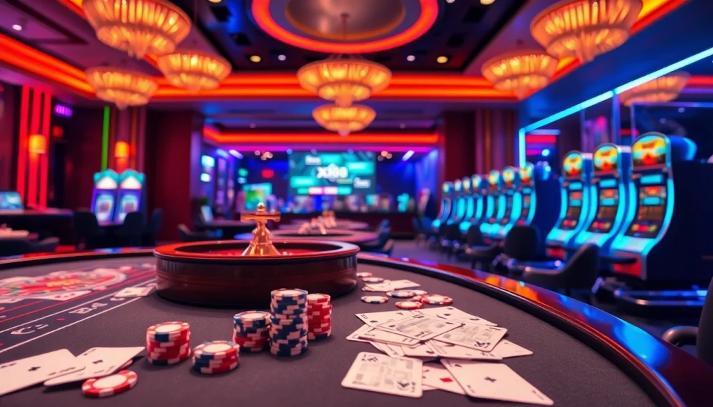 Engaging scene of XX88 online casino with vibrant gaming elements, showcasing excitement and luxury.