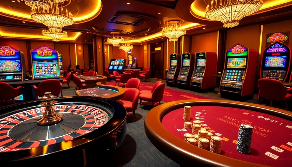 Engaging casino scene showcasing rr88 com with vibrant games and luxurious decor.