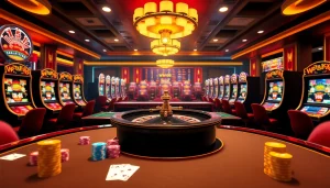 Players engaging with a WW88 online casino setup featuring vibrant slot machines and elegant tables.