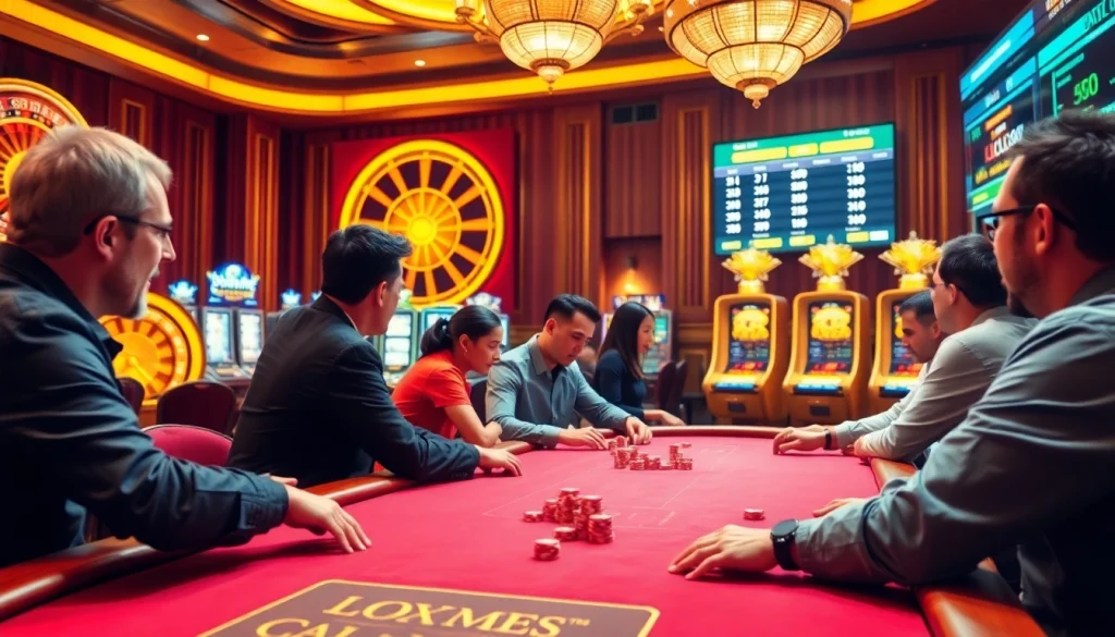 Players engaged at a poker table with chips and golden roulette wheels at https://kjcmh.com/ casino.