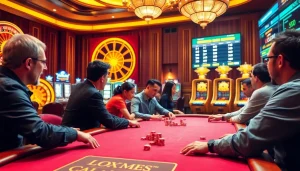 Players engaged at a poker table with chips and golden roulette wheels at https://kjcmh.com/ casino.