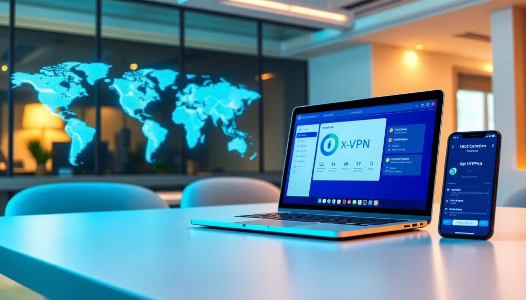 在现代办公室的一台时尚笔记本电脑上显示的快连VPN界面，象征着安全的网络连接。