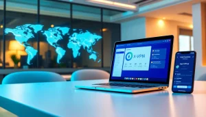 在现代办公室的一台时尚笔记本电脑上显示的快连VPN界面，象征着安全的网络连接。