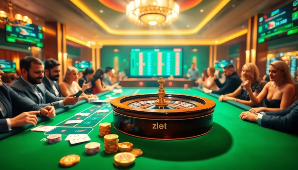 Players enjoying zbet games at a luxurious casino with vibrant tables and digital betting