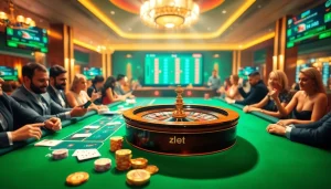 Players enjoying zbet games at a luxurious casino with vibrant tables and digital betting