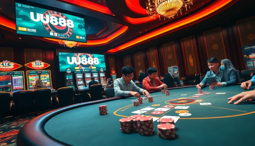 Experience excitement at UU88 with a high-stakes poker table, roulette wheel, and vibrant casino atmosphere.