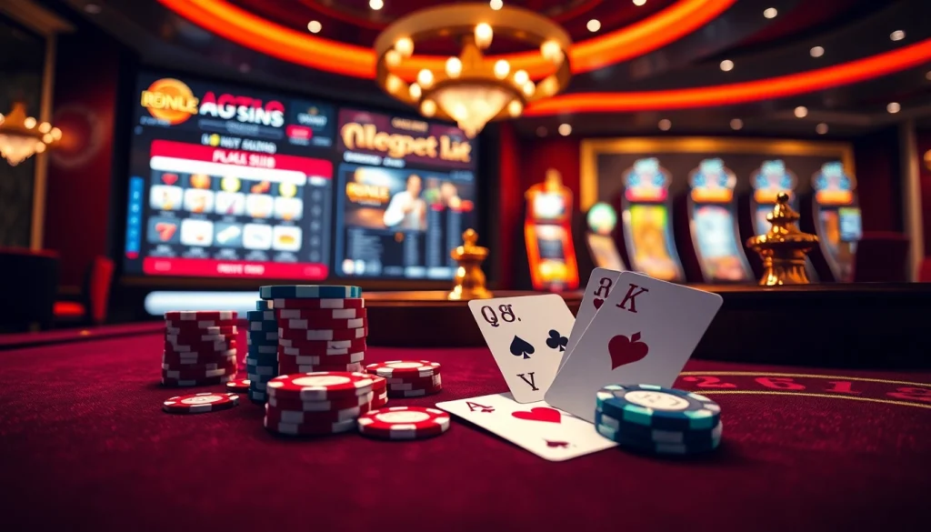 Engaging scene of experts betting at BJ388, showcasing luxury casino elements and online gaming excitement.