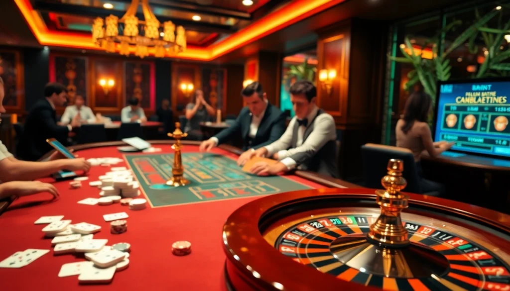 Experience the thrill of gambling at https://luck8f.jpn.com/ with an engaging casino scene showcasing vibrant games and excitement.