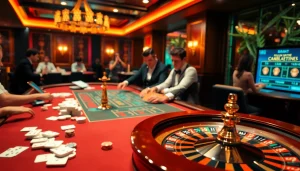 Experience the thrill of gambling at https://luck8f.jpn.com/ with an engaging casino scene showcasing vibrant games and excitement.