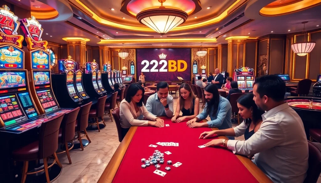 Betting excitement at https://www.222bd.app/ with vibrant casino tables and engaging gamblers.