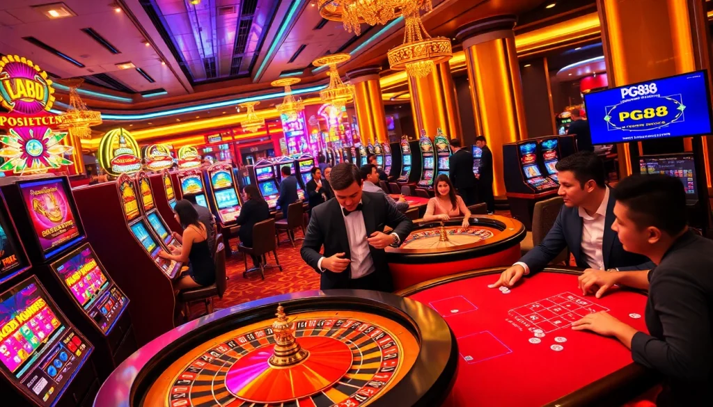 Engaging gamblers at PG88 casino with vibrant slot machines and exciting roulette tables.