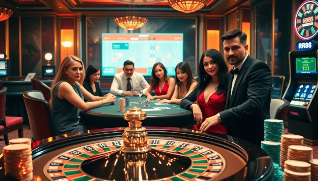 Excited gamblers engaging at a luxurious casino table featuring RR88's vibrant atmosphere.