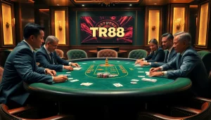 Players strategizing at a high-stakes poker table, showcasing TR88, amidst a luxurious casino backdrop.