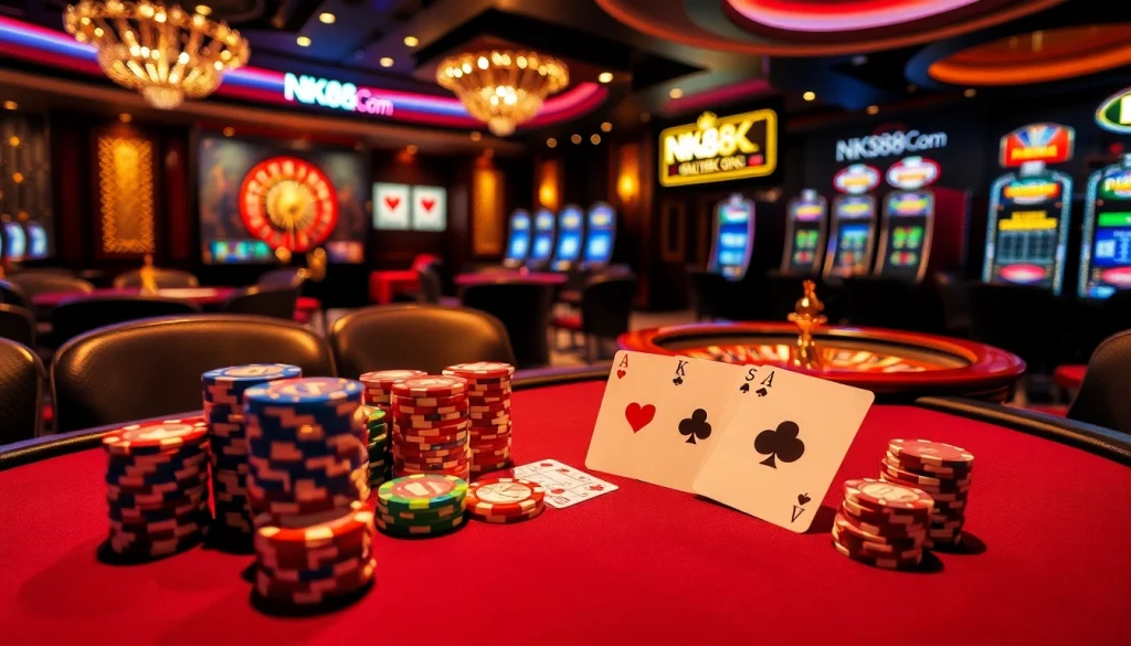 Experience thrilling poker action at NK88.Com with colorful chips, cards, and a vibrant casino atmosphere.