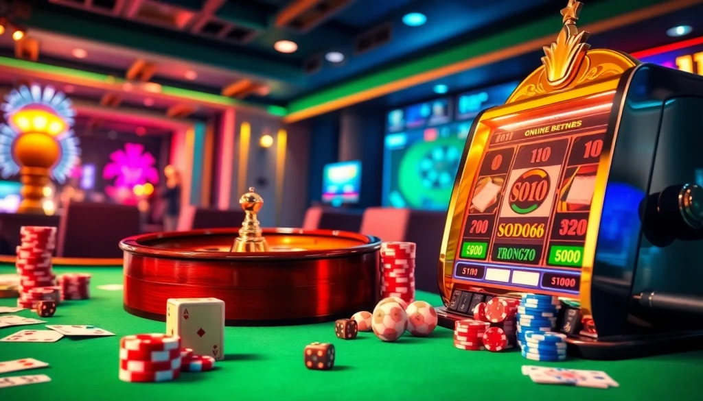 Engage in thrilling gameplay at SODO66 casino with vibrant poker chips and roulette.