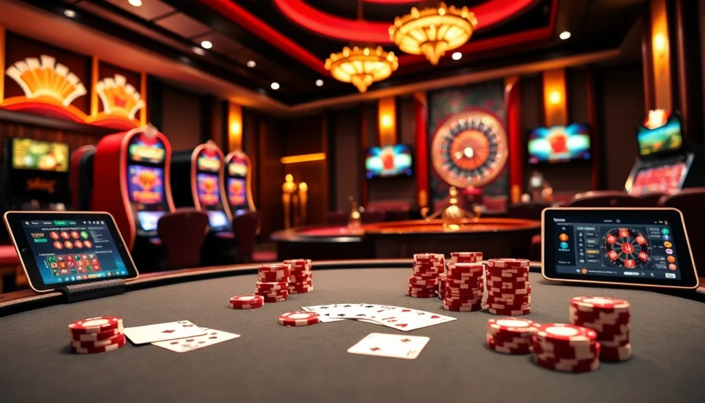 Players engaging in high-stakes gambling at a vibrant SX88 casino table with poker chips and cards.