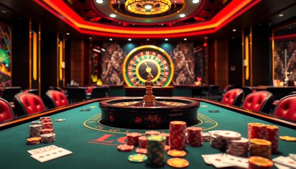 Experience the thrill of gambling at LV88 casino, featuring live dealer action, vibrant poker tables, and glamorous decor.