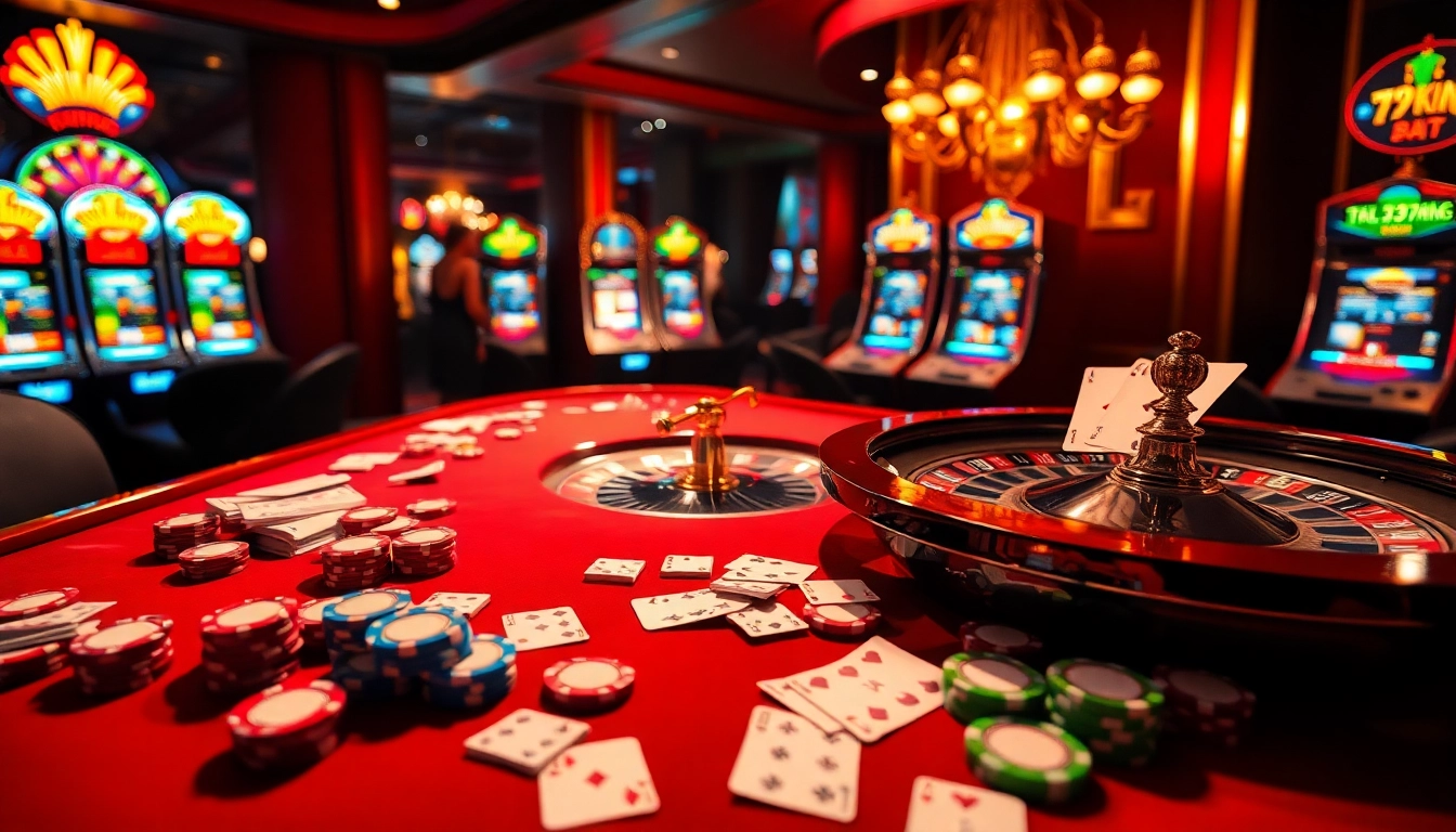 Engage with the thrilling atmosphere of 79King, featuring vibrant poker chips and a glamorous roulette wheel.
