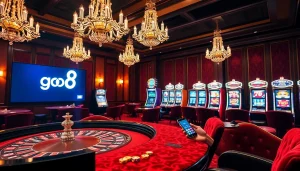 Engage in go8 đăng nhập at a luxurious casino with roulette and slot machines.