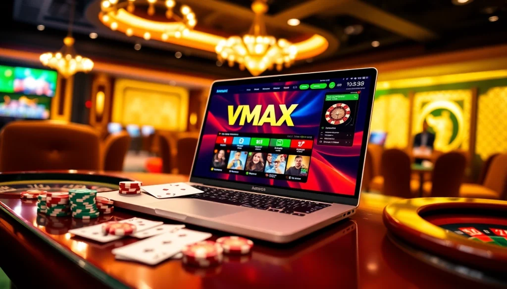 Experience the excitement of VMAX with poker chips and roulette in a vibrant casino setting.