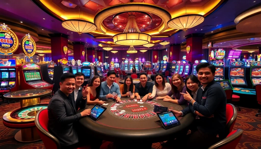 Gamblers enjoying exciting gameplay at http://luck8f.cn.com/ with vibrant slot machines and poker tables.
